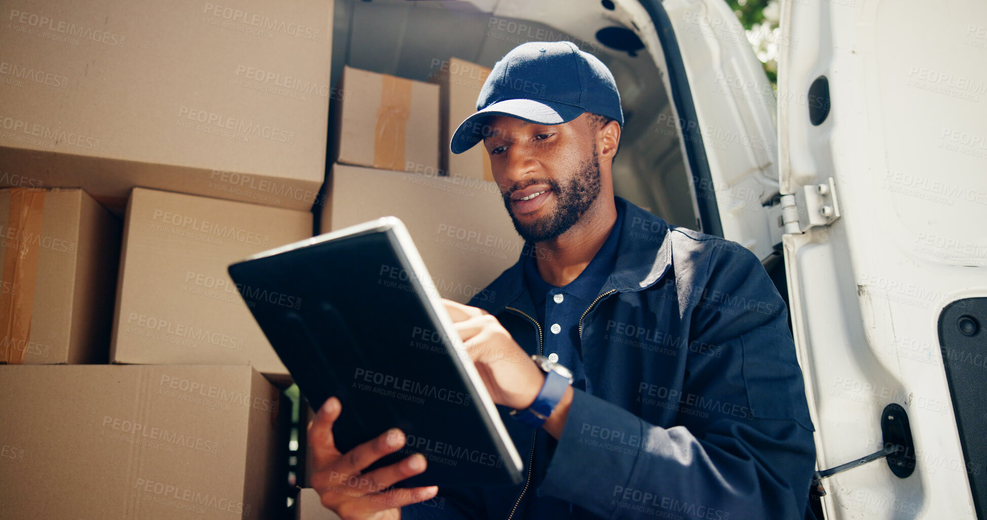 Buy stock photo Courier, cargo or man with tablet by van for package distribution, online order checklist or supply chain. Logistics, transport or black driver with digital app for parcel location or inventory check