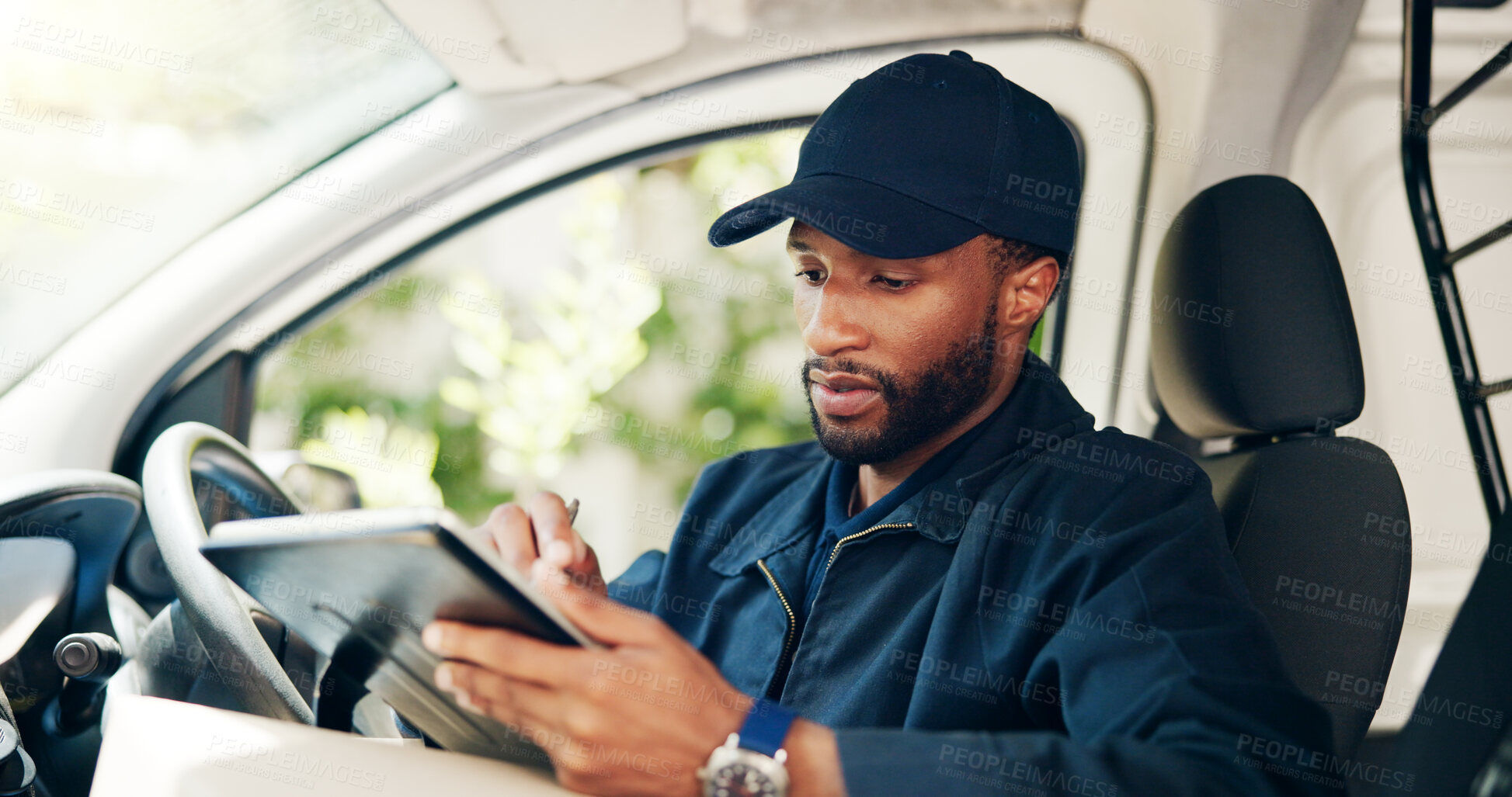 Buy stock photo Courier, delivery and man with tablet in transport for checking customer address or online order checklist. Logistics, van and black driver writing on digital app for package location and parcel info