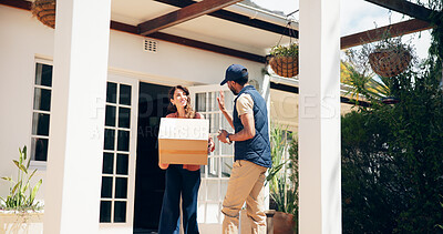 Buy stock photo Delivery man, customer and talking with box outdoor for package distribution, courier service and wave goodbye. Logistics, male driver and woman with parcel by front door for online shopping order