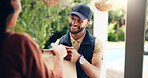 Delivery man, customer and happy with package by home for online shopping order, fast food distribution or service. Logistics, woman and male driver in export industry for supply chain or safe parcel