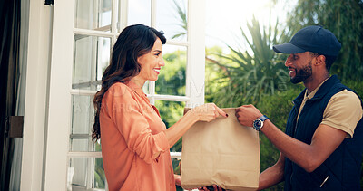 Buy stock photo Service, woman and delivery man with package by front door for online shopping order and fast food distribution. Logistics, customer and male driver in export industry for ecommerce and safe parcel