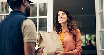 Buy stock photo Delivery man, woman or courier with phone for package by front door for online shopping order or fast food distribution. Logistics, customer or male driver with paper bag for ecommerce or safe parcel