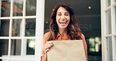 Buy stock photo Happy woman, portrait and door with package for delivery, online shopping order or courier service at home. Face, female person or excited customer with smile or satisfaction for parcel or ecommerce