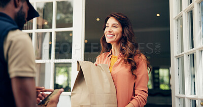 Buy stock photo Delivery man, woman and phone with package by home for online shopping order, fast food distribution or compliance. Logistics, customer and male driver in export industry for ecommerce or safe parcel