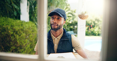 Buy stock photo Man, door and delivery with box for online order, shipment or parcel for customer, ecommerce or distribution at home. Male person, distributor or courier guy with package for transportation service