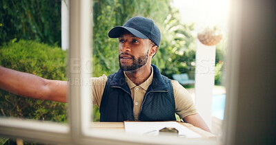 Buy stock photo Black man, door and bell with box for delivery, online shopping order or courier service at home. African, male person or driver with parcel or package for logistics, transportation or ecommerce