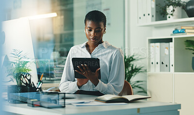 Buy stock photo Office, black woman and scroll with tablet for reading, court case and research deadline at law firm. Night, female person and lawyer with digital for business website, email information and justice