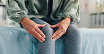 Pain, knee and senior person with hand on leg for problem, inflammation or arthritis disease. Patient, closeup and health issue of injury, hurt or risk of weak muscle damage and osteoporosis in body