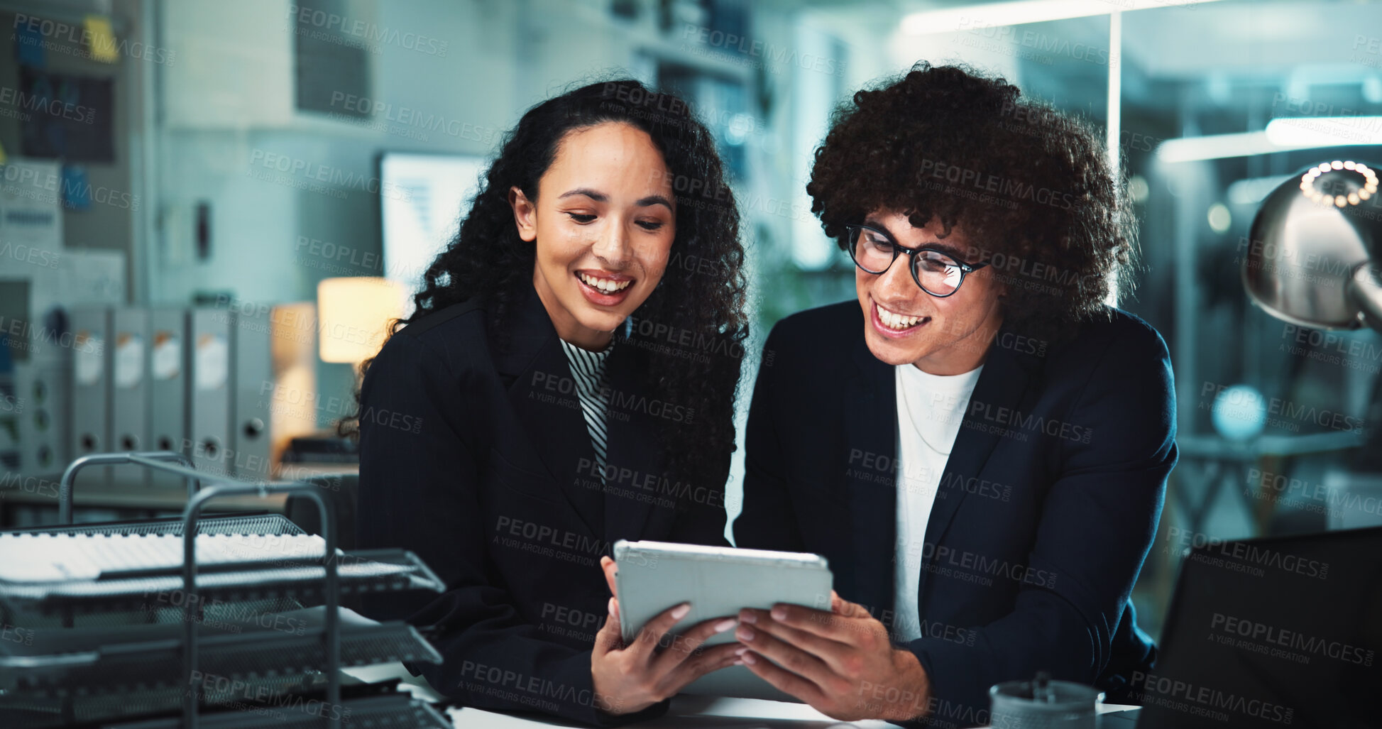 Buy stock photo Office, business people and tablet for networking team, internet research and teamwork. Administration, man and woman for online project management, overtime work and night planning at agency