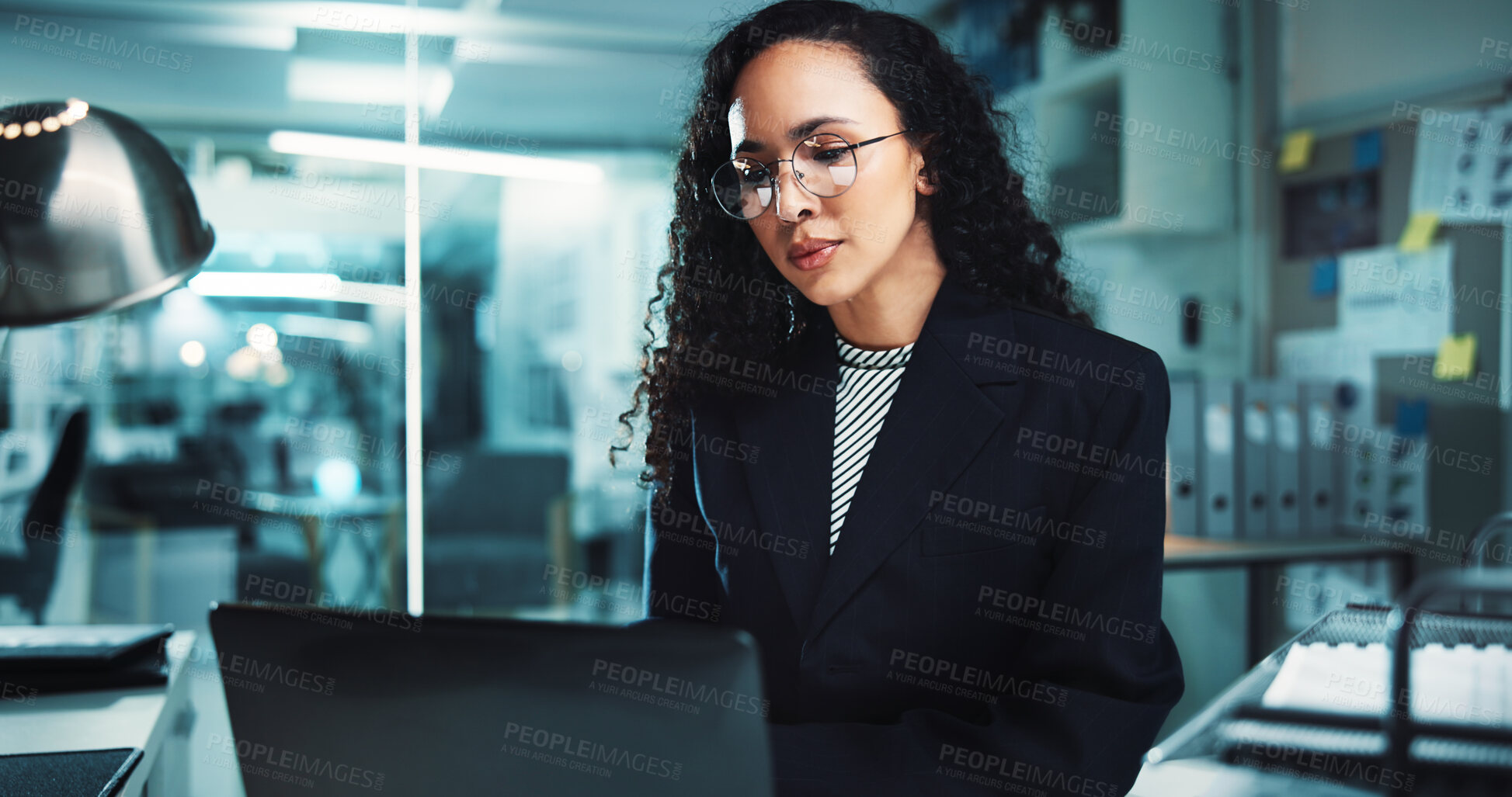 Buy stock photo Night, research or woman with laptop reading for finance management, business and budget review. Accountant, technology and profit report in office for audit deadline, tax compliance and accounting