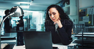 Buy stock photo Night, reading and woman on laptop in accounting for finance management, business and budget. Accountant, review and profit report in office for audit deadline with tax compliance and research.