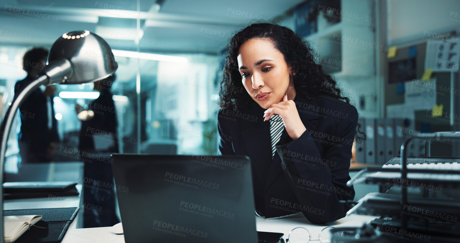 Buy stock photo Night, reading and woman on laptop in accounting for finance management, business and budget. Accountant, review and profit report in office for audit deadline with tax compliance and research.
