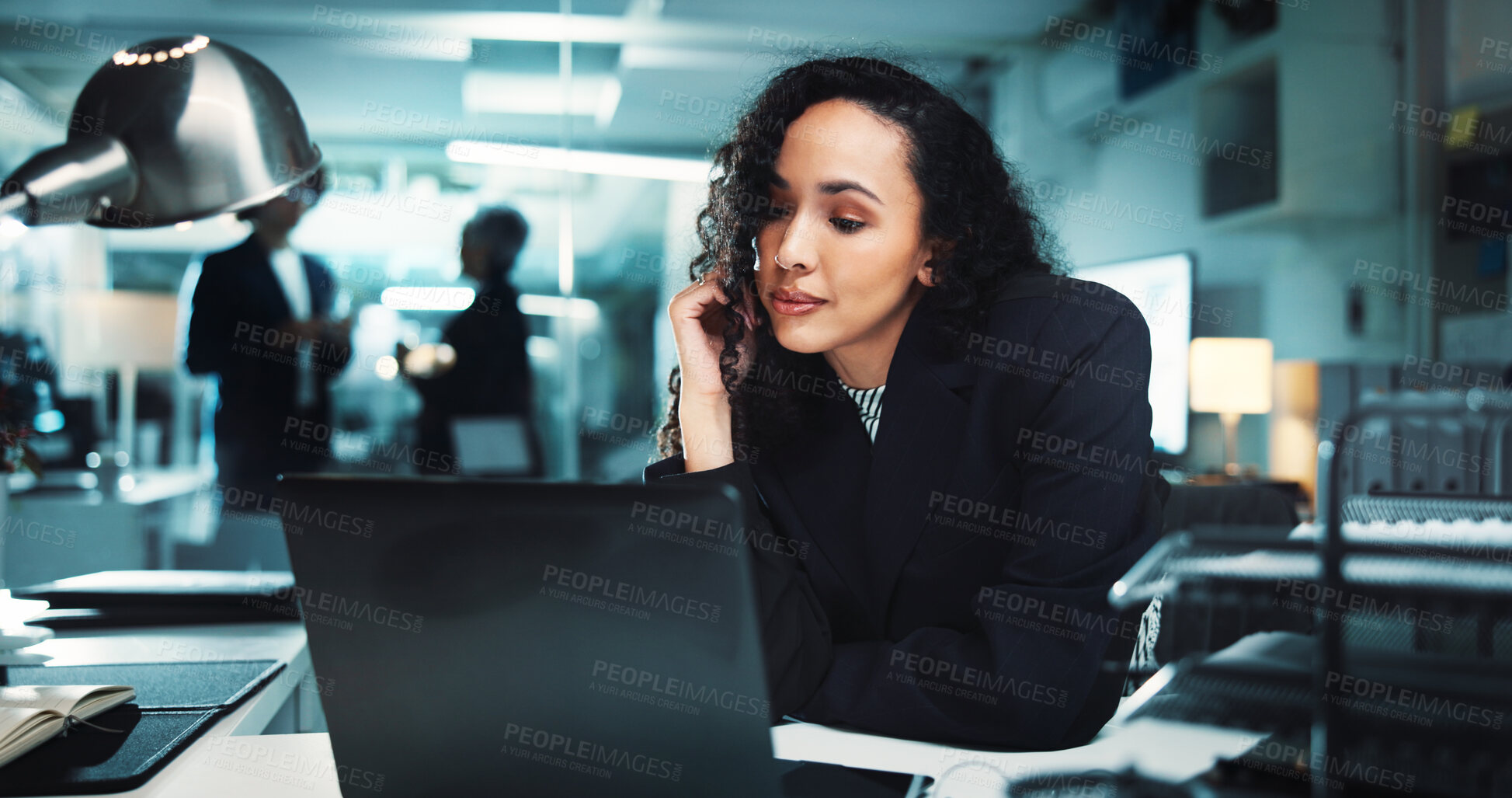 Buy stock photo Night, reading research or woman on laptop for finance management, business and budget review. Accountant, technology and profit report in office for audit deadline, tax compliance and accounting