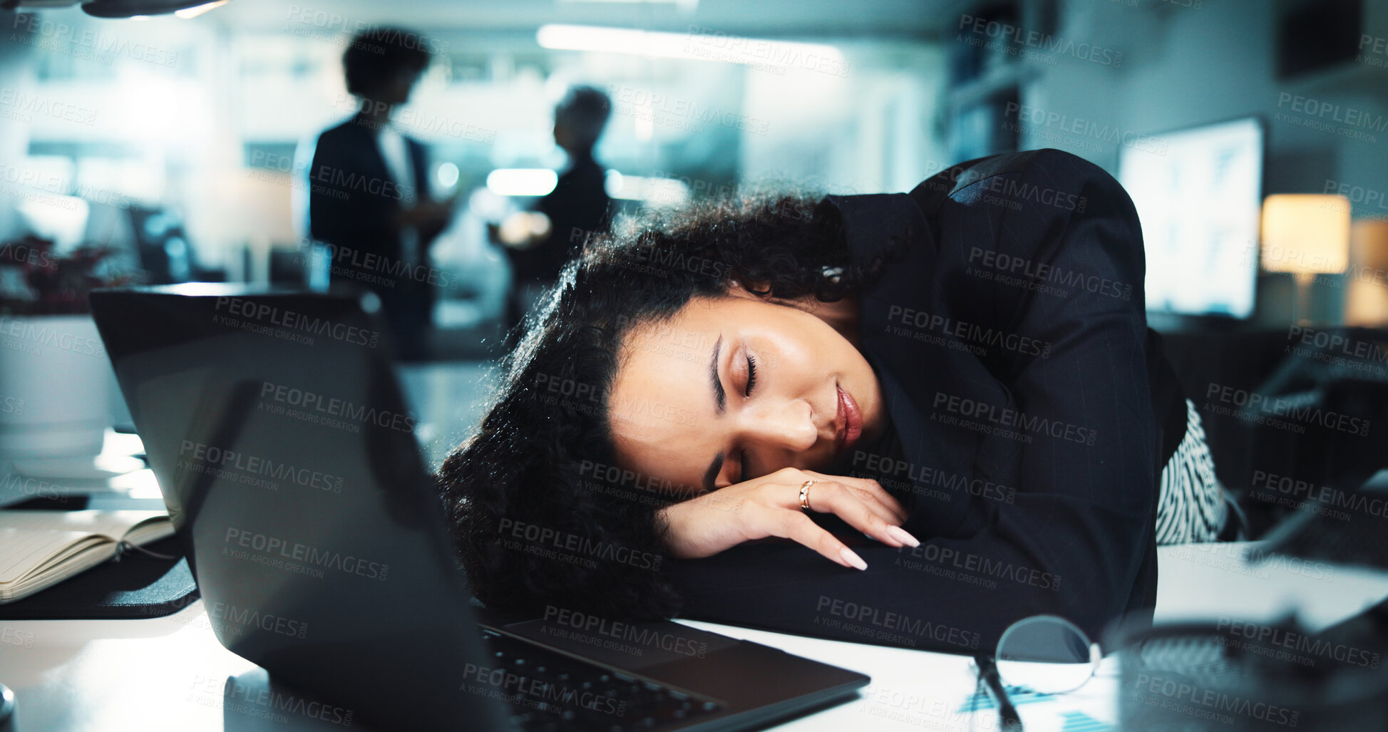 Buy stock photo Night, woman or sleeping in office with fatigue, burnout or tired at business laptop. Accountant, tech and resting on desk in overtime, missed deadline or mental health risk with low energy in agency
