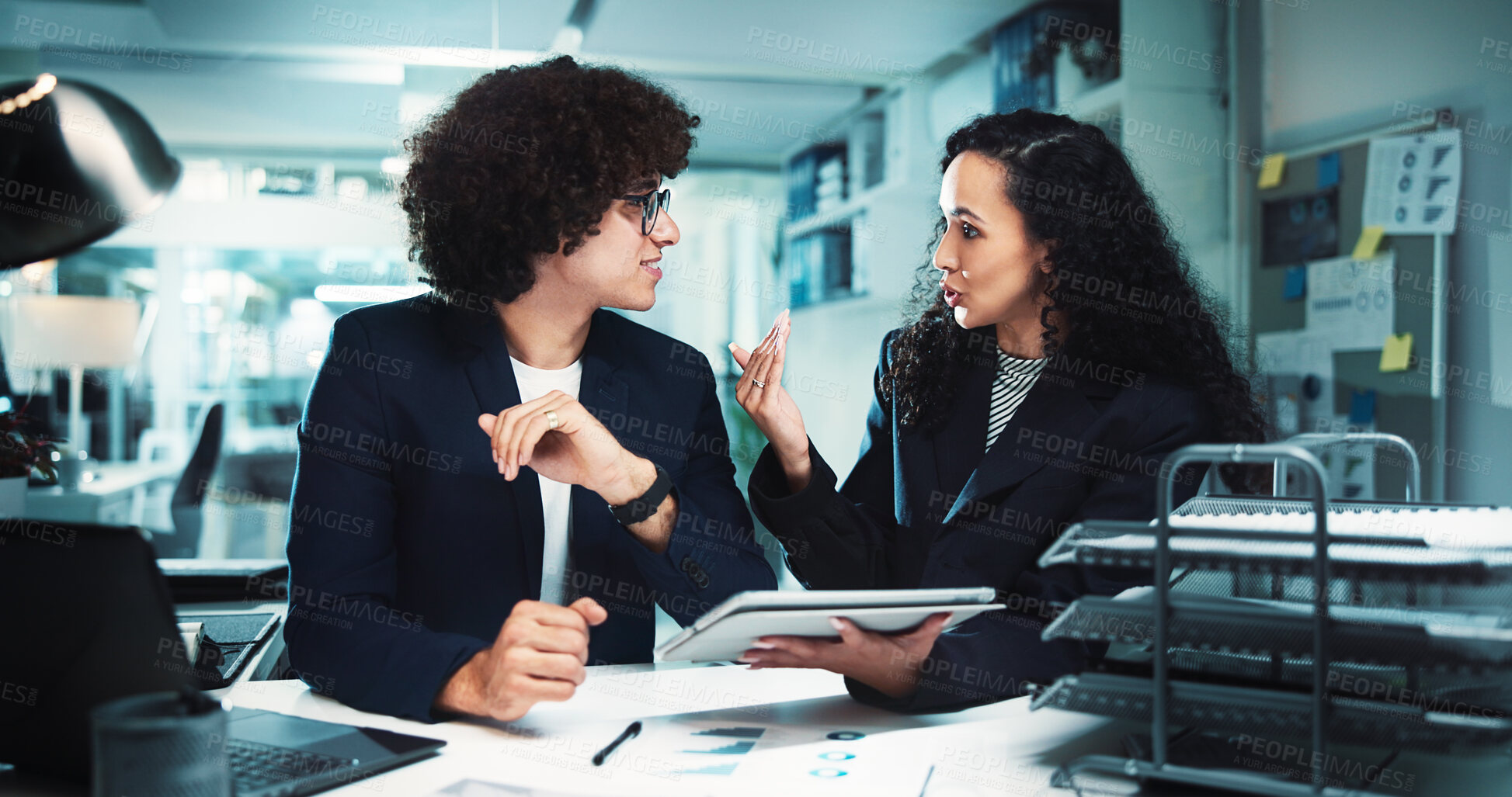 Buy stock photo Office, business people and tablet for online research, internet discussion and documents. Administrator, man and corporate women on tech for project management, reading email and planning at desk