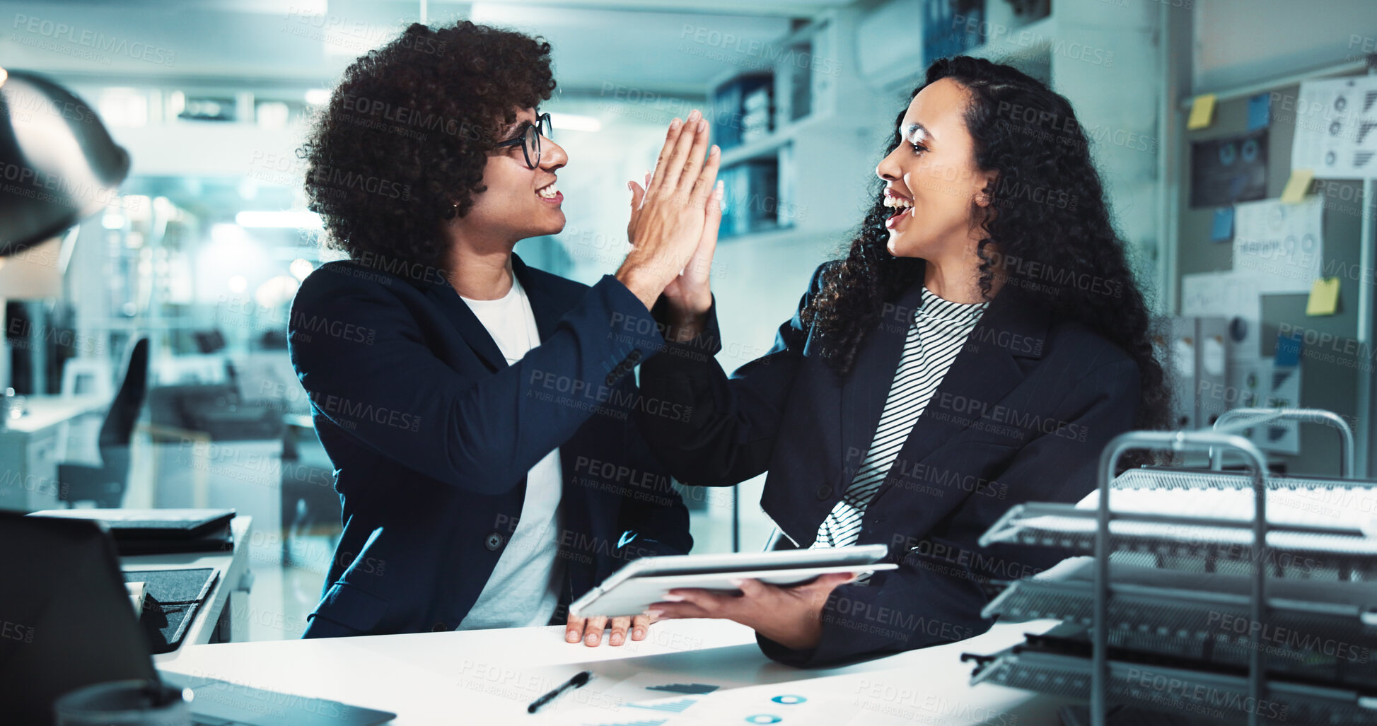 Buy stock photo High five, success and teamwork with business people and tablet in office for data analysis, company profit and support. Finance projection, deal and partnership with employees for winner and news