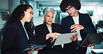 Office, business people and tablet for team discussion, internet research and documents. Online administrator, women and corporate man on laptop for project management, email and planning in agency