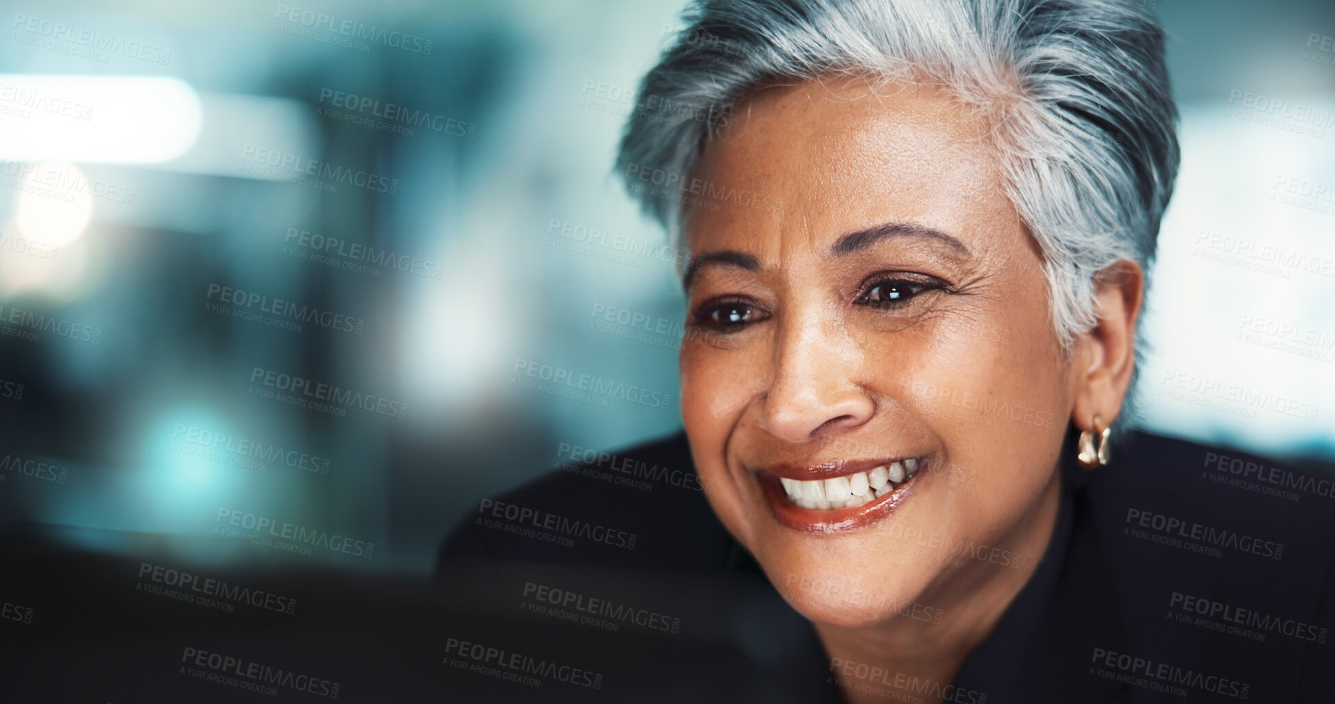 Buy stock photo Office, business woman and laptop for online research, internet search and website. Mature, professional and corporate person on computer for project management, reading email and planning at desk