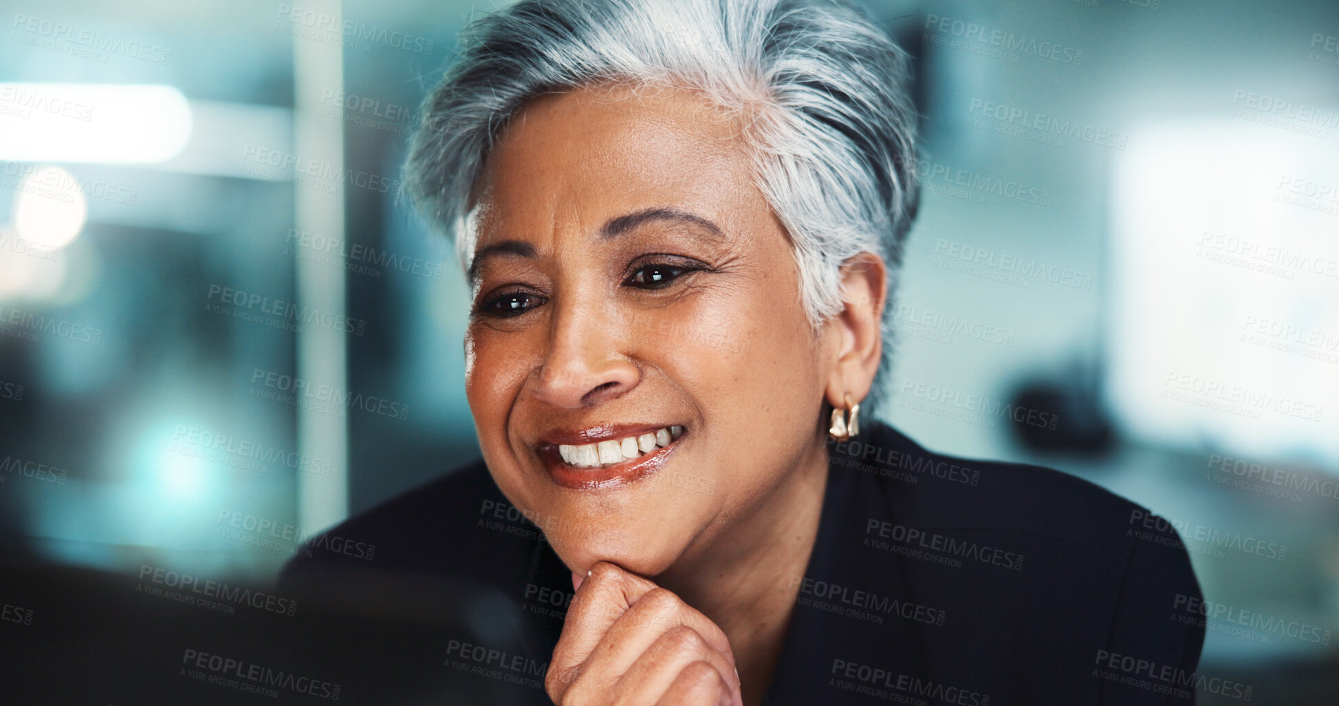 Buy stock photo Office, business woman and computer for online research, internet search and website. Mature, professional and corporate person on laptop for project management, reading email and planning at desk