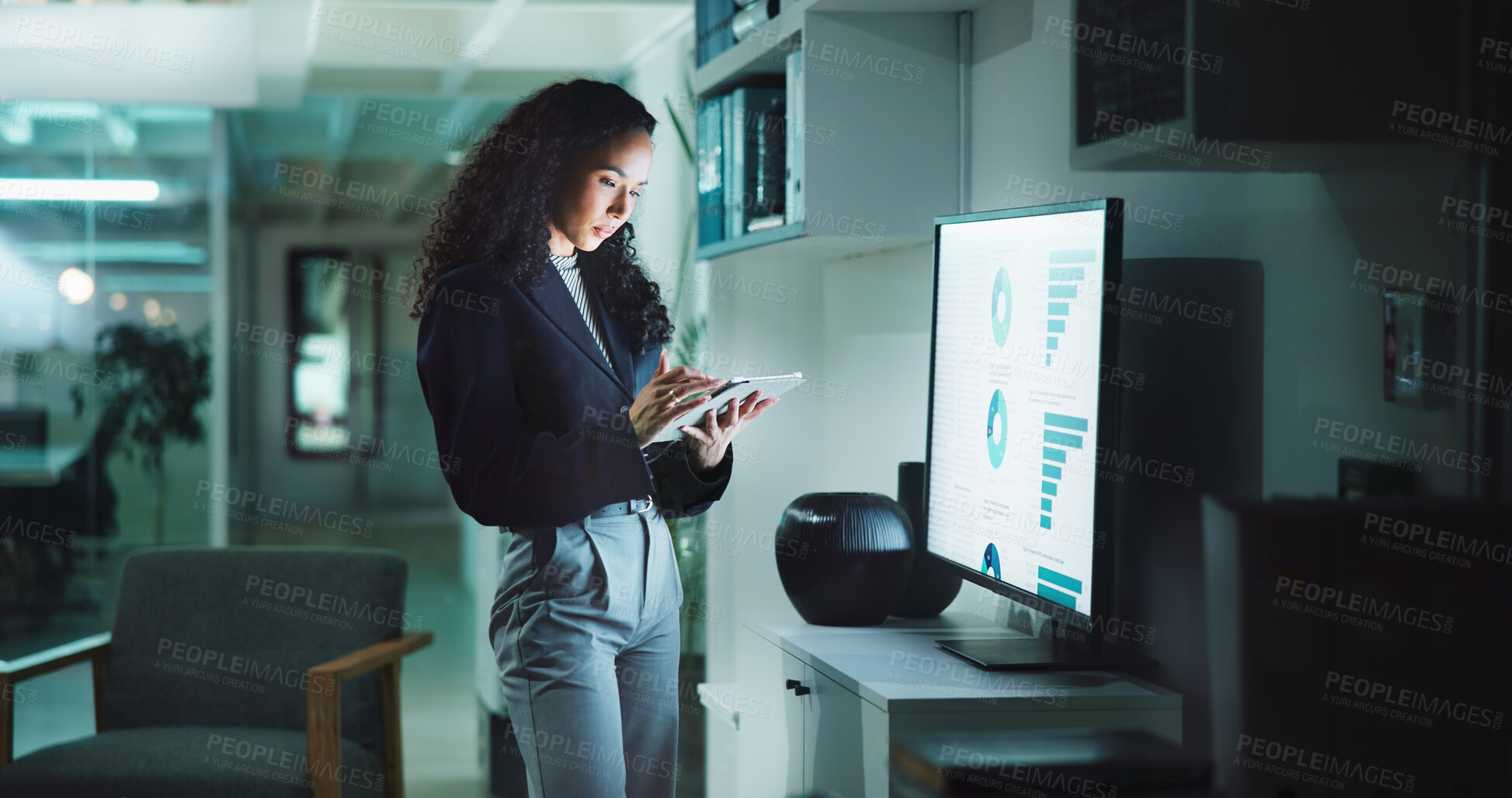 Buy stock photo Data analysis, tablet and research with business woman in office for market report, overtime and growth. Investment review, company profit and deadline with person and screen for monitor at night