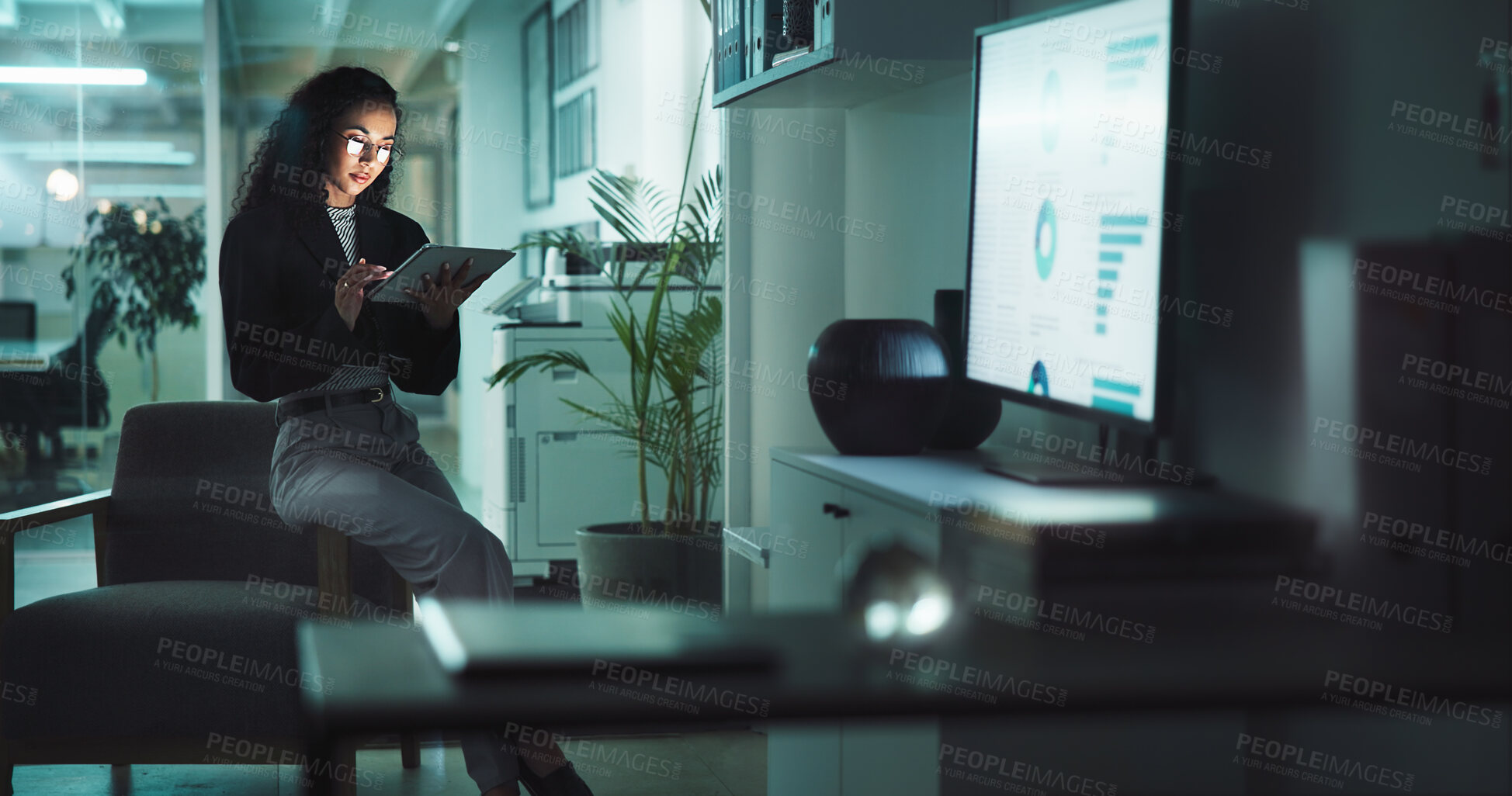 Buy stock photo Business woman, night and tablet with statistics for analytics, corporate data or analysis at office. Female person, accountant or analyst working late on technology for company performance or trends