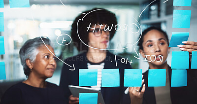 Buy stock photo Business people, night and meeting with sticky note for schedule planning, teamwork or brainstorming at office. Group, employees or corporate growth with mind map for company agenda, tasks or ideas