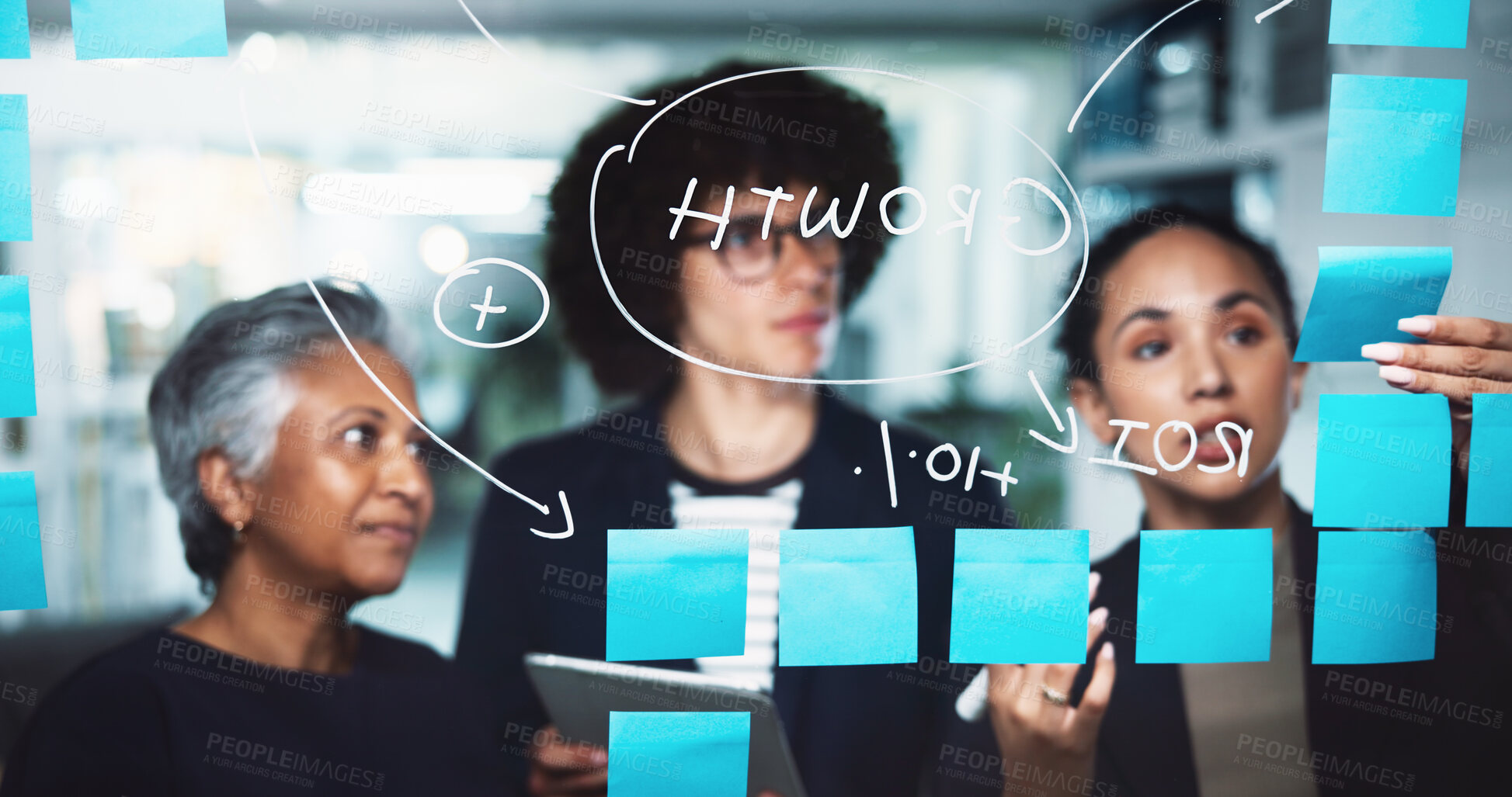 Buy stock photo Business people, night and meeting with sticky note for schedule planning, teamwork or brainstorming at office. Group, employees or corporate growth with mind map for company agenda, tasks or ideas