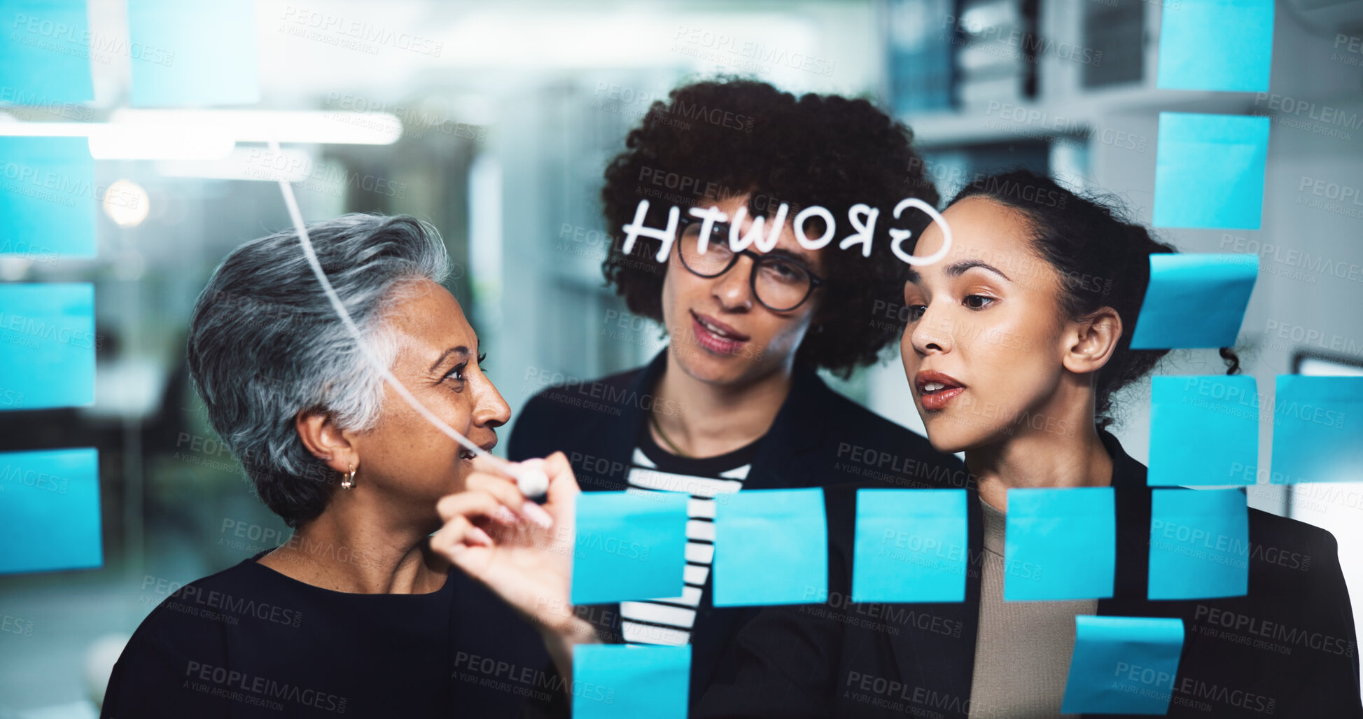 Buy stock photo Business people, night and meeting with mindmap for schedule planning, teamwork or brainstorming at office. Group, employees or corporate growth with sticky notes for company agenda, tasks or ideas