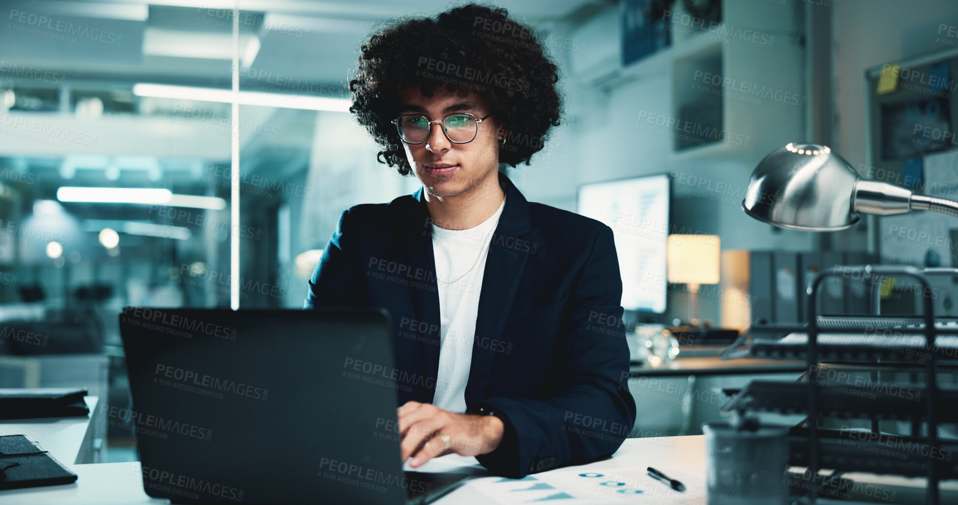 Buy stock photo Night, man or accountant with laptop for finance management, business or budget review. Accounting, research or profit report on technology for audit deadline, tax compliance or typing banking info