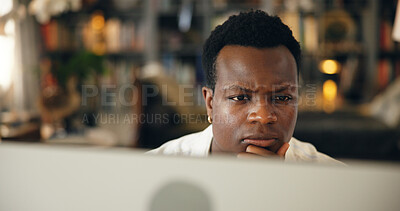 Buy stock photo Student, man and thinking by computer in home for research solution, university essay and problem solving. Education, black person and confused with proposal planning or elearning assessment at night