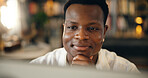 Student, man and smile with computer in home for research feedback, university essay and thesis insight. Education, black person and thinking for proposal planning and elearning assessment at night