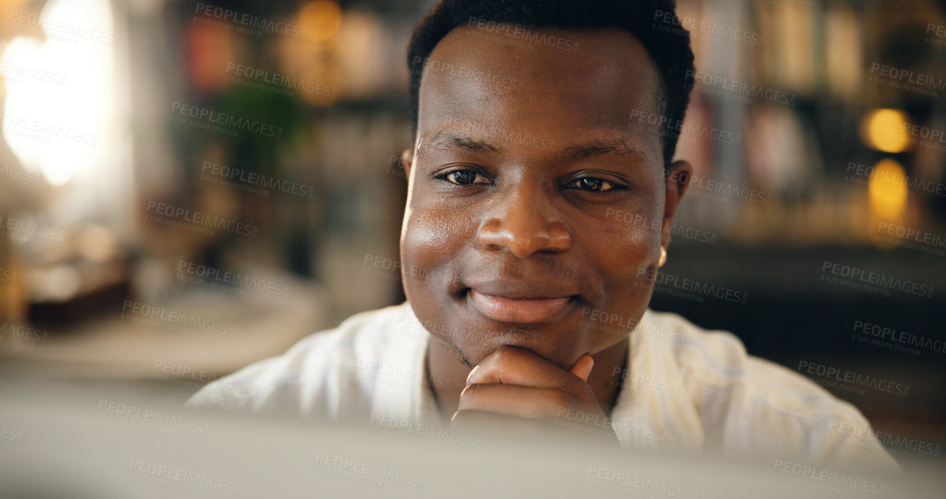 Buy stock photo Student, man and smile with computer in home for research feedback, university essay and thesis insight. Education, black person and thinking for proposal planning and elearning assessment at night