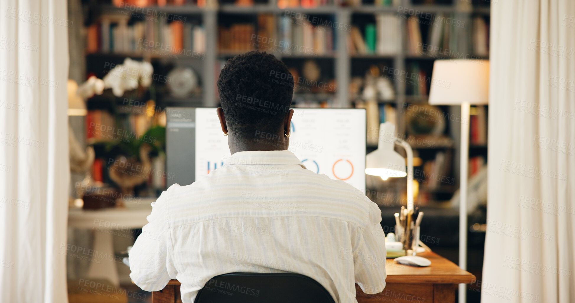 Buy stock photo Computer, trading or back of man in home with graphs stats, review or progress report. Reading info, investor and charts on screen of pc monitor with markets for pattern, trends and peak in apartment