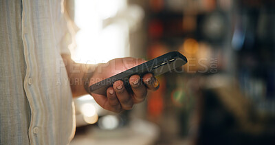 Buy stock photo Home, closeup and hands with smartphone for chat, online communication and connection with contact. Technology, person and cellphone for mobile application, social media and website for text message