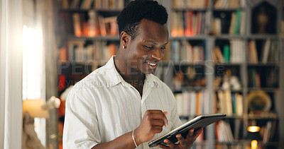 Buy stock photo Library, student and black man with tablet for education, college website and check results for exam. Home, happy person and reading with digital for university research, test information or learning