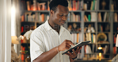 Buy stock photo Home, student and black man with tablet for education, college website and check results for exam. Library, male person and reading with digital for university research, test information and learning