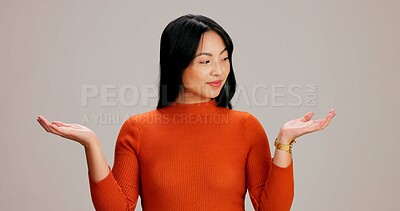 Buy stock photo Asian woman, open hand and studio for smile with choice, option and mock up space by background. Girl, person and model with palm for decision, review and happy for deal, sale or thinking with promo