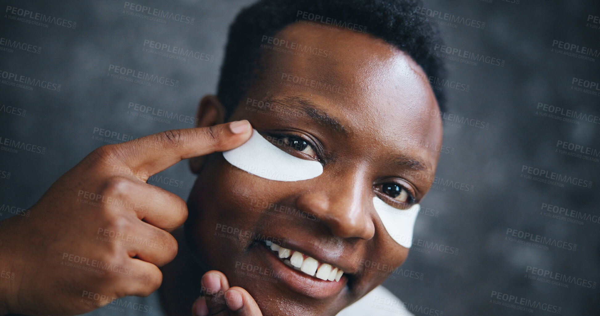 Buy stock photo Eye patch, skincare and portrait of black man for beauty, spa treatment and facial. Dermatology, collagen and cosmetics with male person on dark background for grooming, self care and glow pov