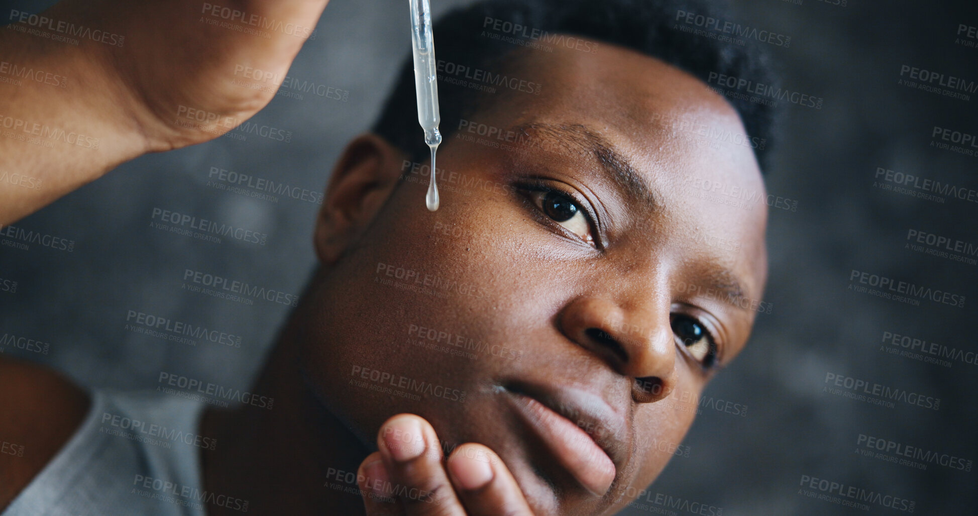 Buy stock photo Serum, skincare and facial with black man with dropper for beauty, spa treatment and vitamin c. Dermatology, collagen and cosmetics with person on dark background for glow, self care and oil pov
