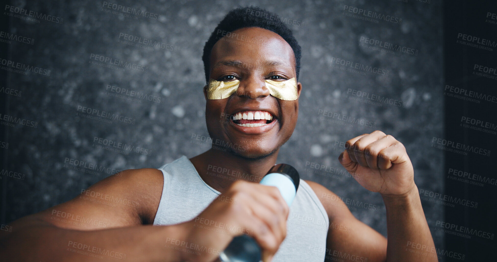 Buy stock photo Black man, eye mask and skincare for portrait in home with smile, singing and can for funny song in bathroom. Person, product and bottle for mic, karaoke and playful with cosmetics at house in Kenya