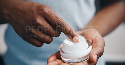 Buy stock photo Hands, skincare and person with cream for moisturizer, hydration and beauty. Sunscreen, spf cosmetics and lotion product closeup for dermatology, treatment and man with morning routine at home