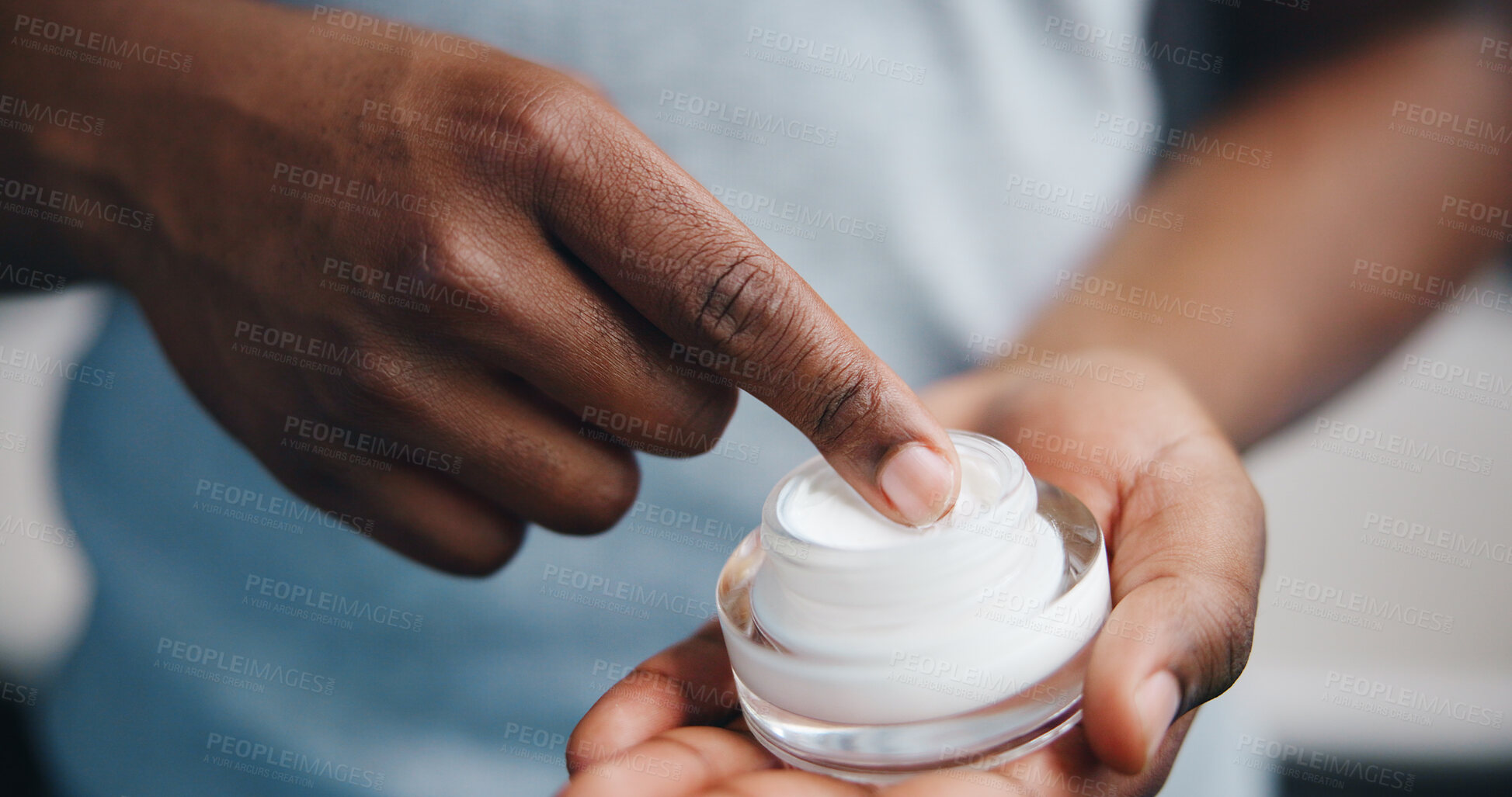 Buy stock photo Hands, skincare and person with cream for moisturizer, hydration and beauty. Sunscreen, spf cosmetics and lotion product closeup for dermatology, treatment and man with morning routine at home