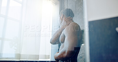 Buy stock photo Black man, shower and cleaning with water, bathroom and hygiene for wellness routine. Glass, morning and washing body with African person in home for personal grooming, hydration and skincare