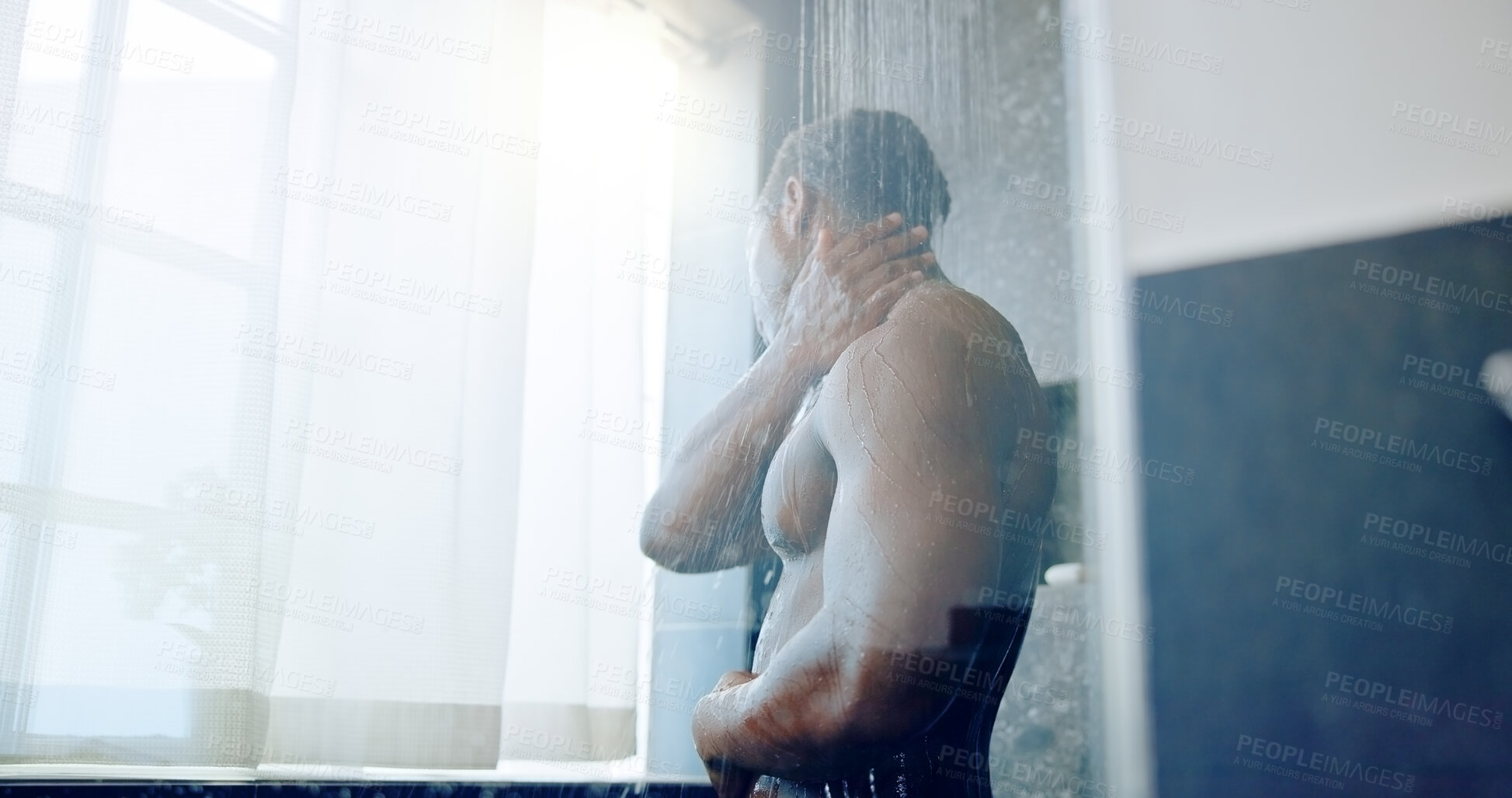 Buy stock photo Black man, shower and cleaning with water, bathroom and hygiene for wellness routine. Glass, morning and washing body with African person in home for personal grooming, hydration and skincare