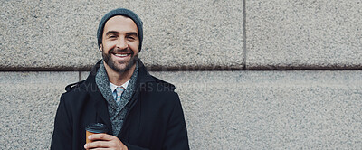 Buy stock photo Portrait, coffee break and businessman with smile for travel, journey and urban New York wall. Mockup space, employee and worker with morning commute, office and work opportunity for journalist