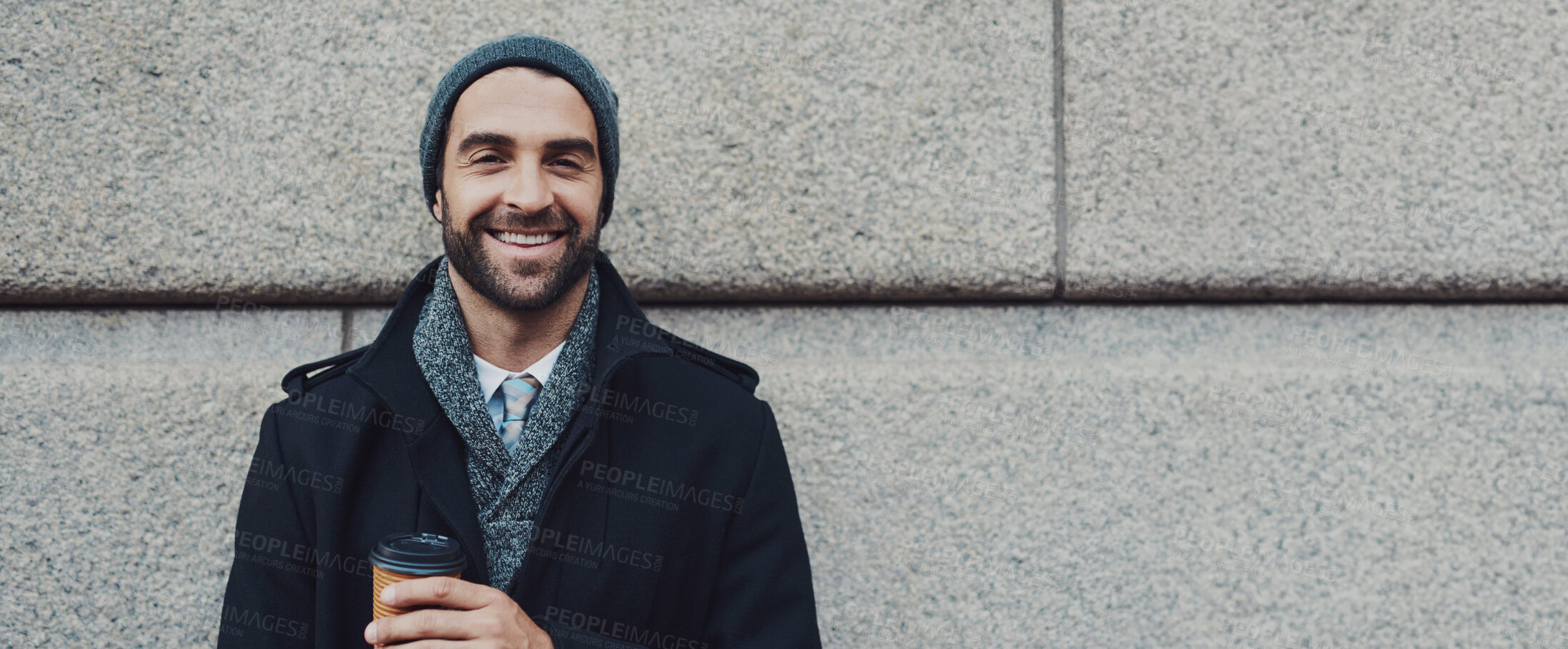 Buy stock photo Portrait, coffee break and businessman with smile for travel, journey and urban New York wall. Mockup space, employee and worker with morning commute, office and work opportunity for journalist