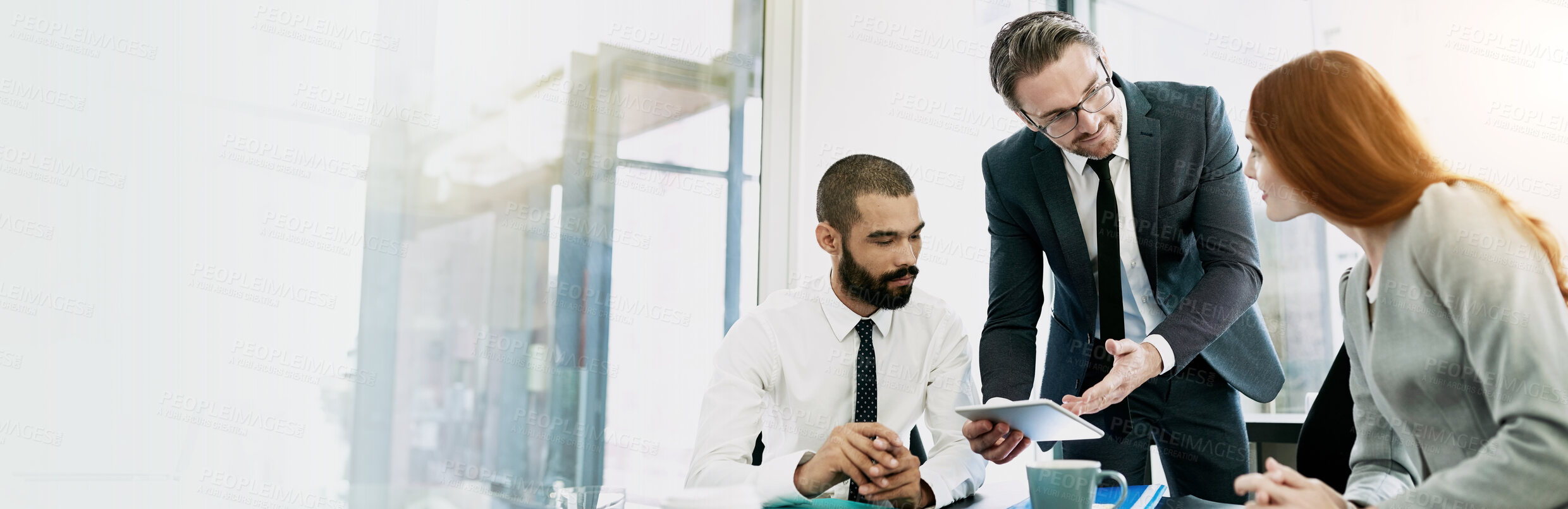 Buy stock photo Meeting, business people and ceo with tablet in office, research and feedback for corporate case. Banner, employees and lawyers with digital for discussion, justice update and report for law firm