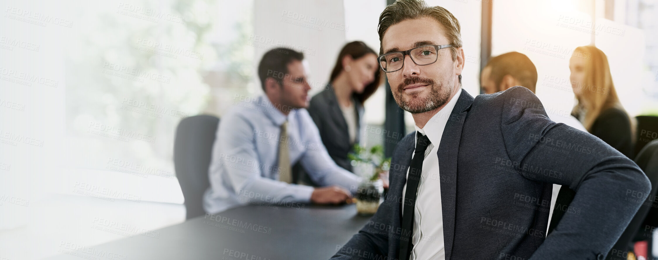 Buy stock photo Office, businessman and ceo in portrait for meeting, corporate justice and lawyer with confidence. Boardroom, employees and team leader with pride for court case, mature manager or proud for law firm