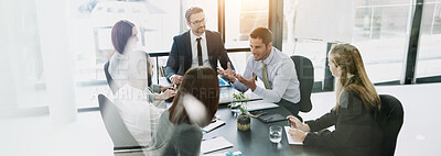 Buy stock photo Man, business people and discussion at meeting in boardroom for negotiation, documents or listen in office. Group, staff and speaker with question, banner and insight for solution at insurance agency