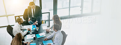 Buy stock photo Man, business people and tablet at meeting in boardroom for negotiation, documents or above in office. Group, staff and speaker with presentation, banner or app with mockup space at insurance agency